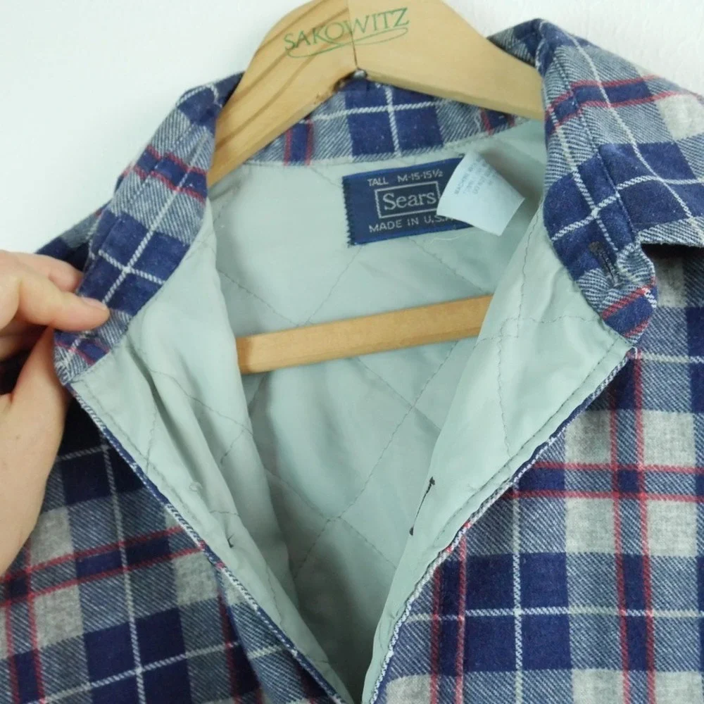 Vintage Sears Perma-Prest Quilted Flannel Shirt Jacket Plaid Medium Tall Work